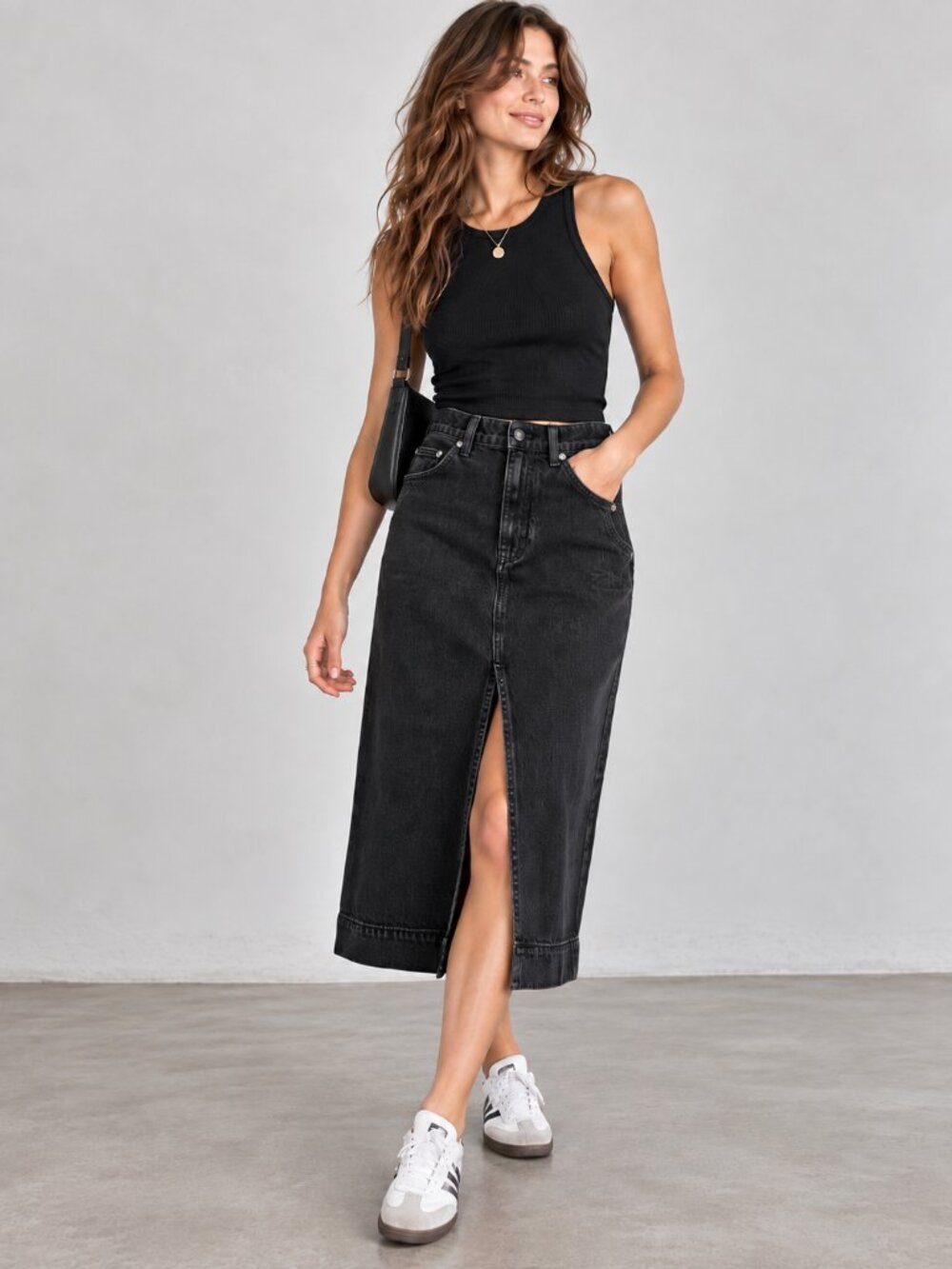 We The Free Free People Wild Roses Black Denim Midi Skirt Size 24 NWT Front Slit